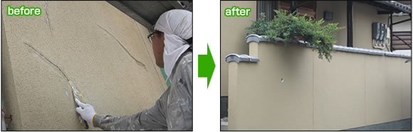【外壁】洗浄後、ひび割れなどを補修し、下塗りを含め丁寧に3回塗りで仕上げていきます。